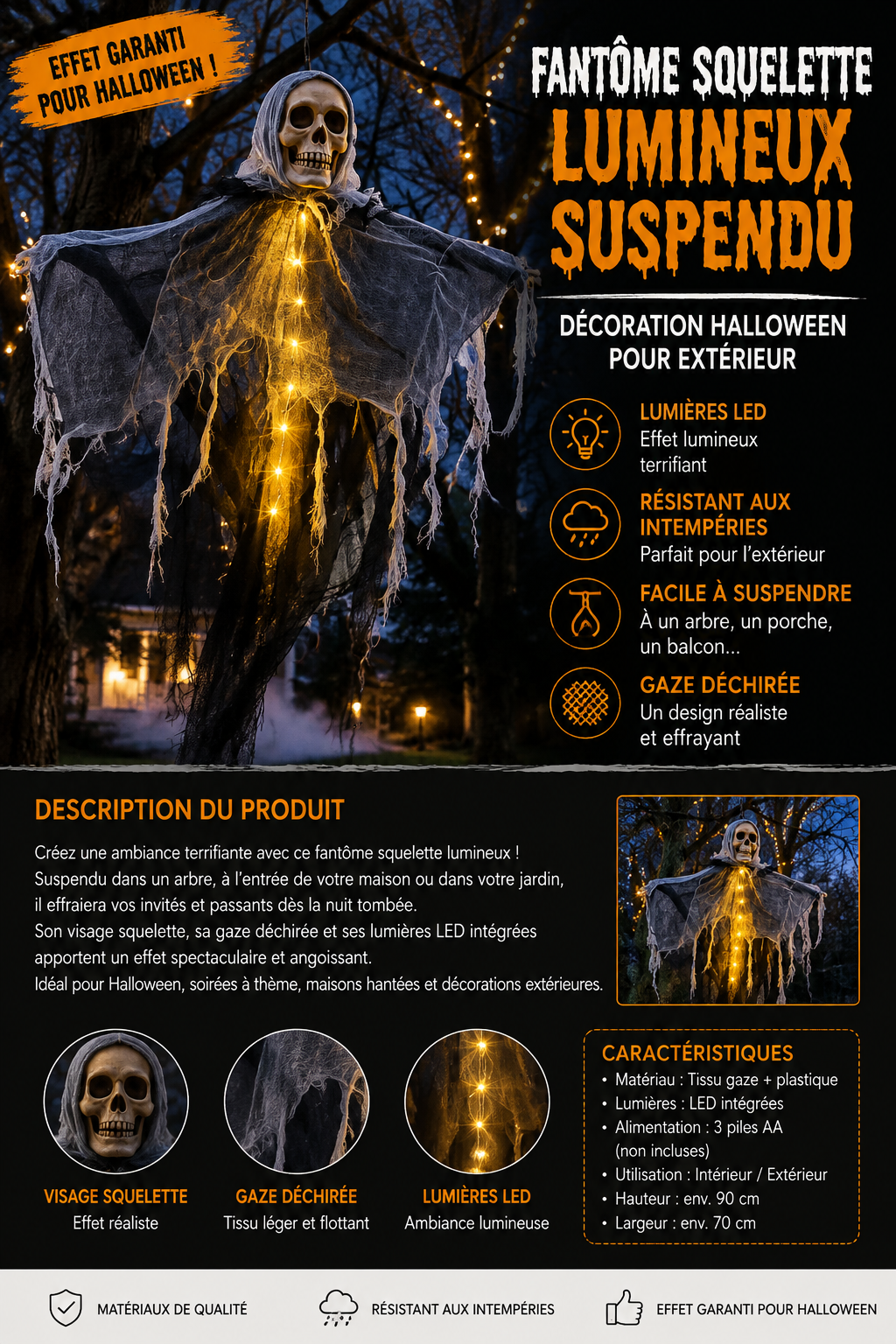Fantôme Squelette Lumineux LED à suspendre- Décoration Halloween Effrayante Extérieur &Jardin